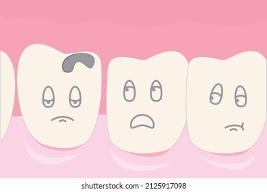 Illustration for pediatric dentistry. Image of teeth with caries on the gum. Teeth with emotions of fear and sadness. Vector graphics for the poster.