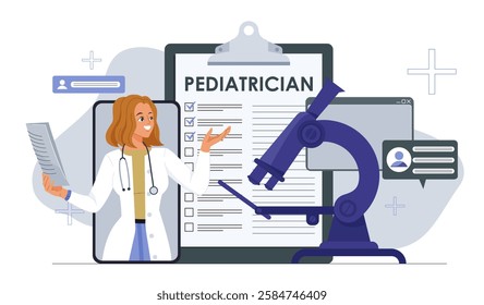 Illustration of a pediatrician consulting through a digital device, with medical documents and a microscope on a white background, symbolizing healthcare