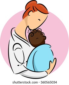 Illustration of a Pediatrician Cradling a Newborn African Child