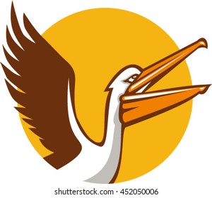 Illustration of a pelican flying up showing its wings viewed from the side set inside circle on isolated background done in retro style. 