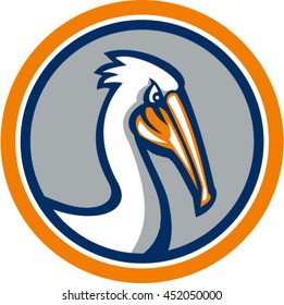 Illustration of a pelican head looking down viewed from the side set inside circle on isolated background done in retro style. 