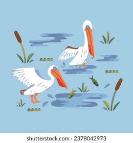 Ilustración con pelícano, caña y pescado. Ilustración vectorial con aves. Todos los objetos están aislados.