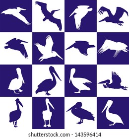 illustration of pelicans on a background of blue and white squares