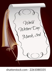 Illustration of a pen and a roll of paper with the inscription: March 3 World Writer's Day