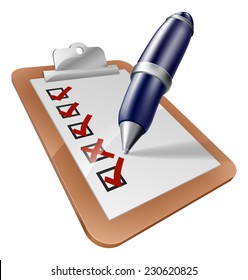 An illustration of a pen writing on clipboard giving feedback or completing a survey