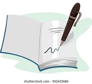 Illustration of a Pen Writing on the Page of an Open Book