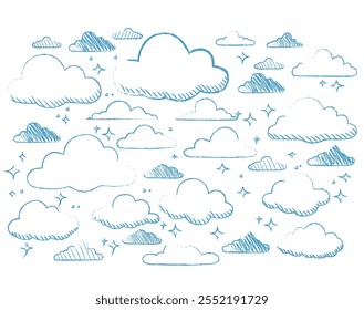 Ilustración de nubes de lápiz azul pluma doodle. Elemento atmosférico del cielo para meteorología o Clima