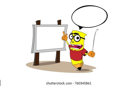 Illustration of pencil cartoon with bubble talk.