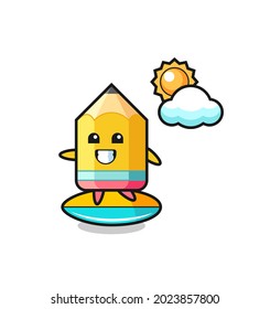 Illustration of pencil cartoon do surfing on the beach , cute style design for t shirt, sticker, logo element