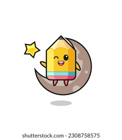 illustration of pencil cartoon sitting on the half moon , cute style design for t shirt, sticker, logo element