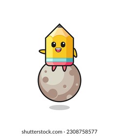 illustration of pencil cartoon sitting on the moon , cute style design for t shirt, sticker, logo element
