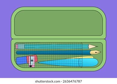 Ilustração da caixa de lápis com lápis afiado clássico, caneta-tinteiro, apontador e borracha no fundo roxo. Para ferramentas de papelaria de volta à escola ou escritório, educação e conceito educacional.