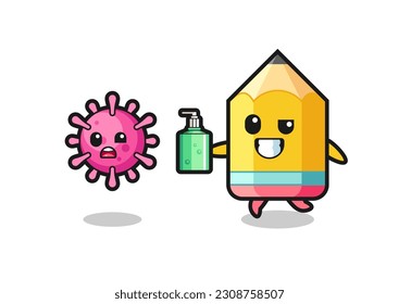 illustration of pencil character chasing evil virus with hand sanitizer , cute style design for t shirt, sticker, logo element
