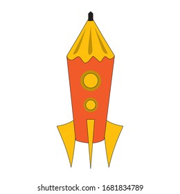 Illustration of a pencil character, freehand drawing of a cartoon pencil for an icon or logo, spacecraft concept for space travel - rocket for training or for an artist