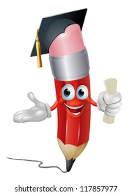 An illustration of a pencil character in mortar board hat holding scroll certificate or diploma graduating