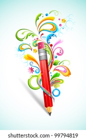 illustration of pencil with colorful floral swirl