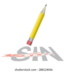 An illustration of a pencil erasing the word sin. Christian salvation concept and theme. Vector EPS 10.