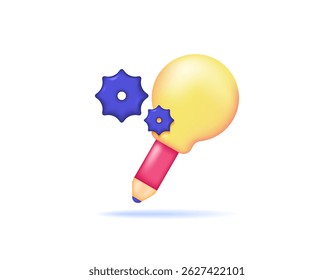 illustration of a pencil with light and gears. concept of creative and brilliant ideas. innovation process, writing creativity. copywriter and writer. symbol or icon. minimalist 3d style design