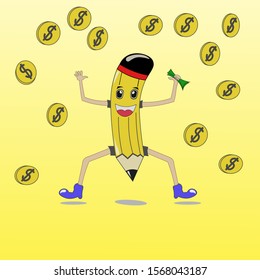 illustration of a pencil mascot holding money