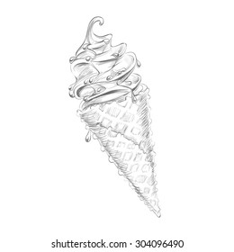 illustration pencil on a white background ice cream drizzled with chocolate wafer cone, vector