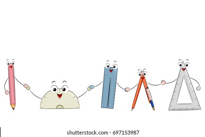 Illustration of a Pencil, Protractor, Ruler, Compass and Triangular Ruler Mascots