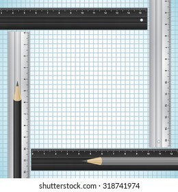 Illustration of pencils and rulers on checked paper background
