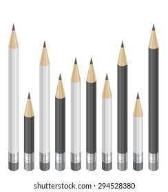 Illustration of pencils in white and black colors with erasers isolated
