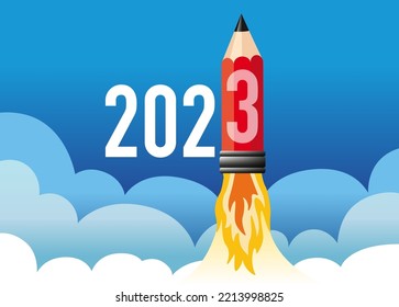 Illustration einer bleistiftförmigen Rakete, die die Energie eines jungen Unternehmens symbolisiert, das erfolgreich sein und seine Ziele für das Jahr 2023 erreichen will.