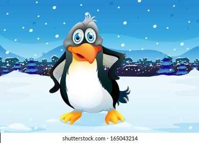 Illustration of a penguin across the village