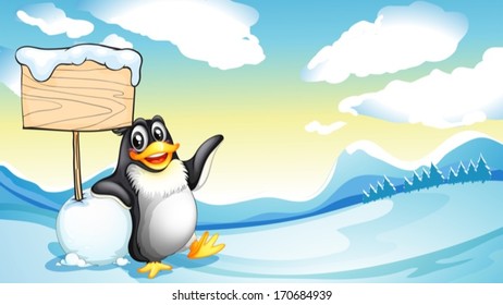 Illustration of a penguin beside the empty wooden board