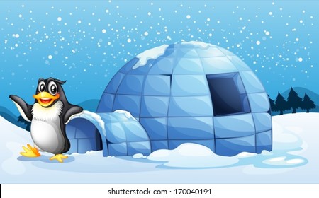 Illustration of a penguin beside the igloo