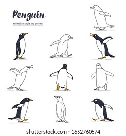 illustration of penguin bird with various movements with minimalist style and outlines. vector