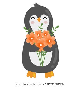 Illustration with penguin with bouquet isolated on white background. Perfect for greeting card, poster, design, t-shirt print. 