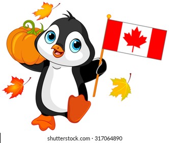  Illustration Of Penguin Celebrating Canadian Thanksgiving Day