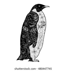 Illustration "Penguin" was created in doodling style in black and white colors.  Painted image is isolated on white background. It  can be used for coloring books for adult.
