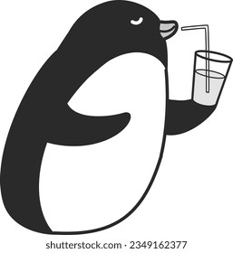 Ilustración de un pingüino bebiendo una bebida fría (blanco y negro)