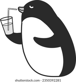 Illustration of a penguin drinking a cold drink(black and white)