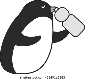Illustration of a penguin drinking a drink(black and white)