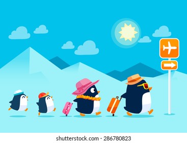 Illustration of penguin family traveling on summer vacation