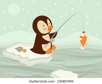 An illustration of penguin fishing