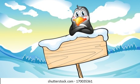 Illustration of a penguin leaning above the empty wooden signboard