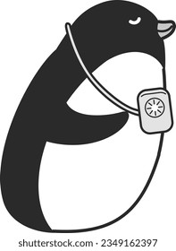 Illustration of a penguin with a mini fan around its neck(black and white)