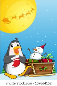 Illustration of a penguin near the sleigh with a snowman