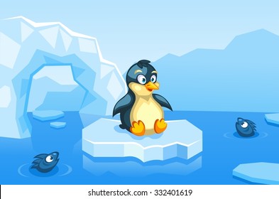 Illustration Of A Penguin On An Arctic Vector Background With Ice Floes, Icebergs, Water And Fishes