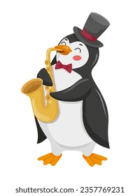 Illustration eines Pinguins beim Saxophonspielen. Kinderkunst eines süßen Tieres zur Illustration von Kleidung, Spielzeug und anderen Sachen für Kinder.