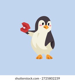 Ilustración de un pingüino proponiendo con anillo de diamantes