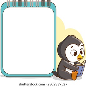 Illustration of a Penguin Reading a Book on a Blank Notebook