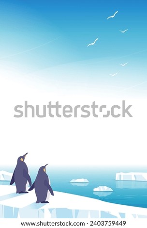 Illustration of penguin sending off bird from iceberg