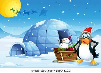 Illustration of a penguin and the sleigh with a snowman near the igloo