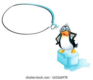 Illustration of a penguin standing above an ice cube on a white background